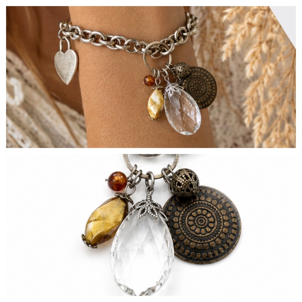 Boho Silver Tone Chunky Chain Charm Bracelet Heart Padlock Crystal Medallion